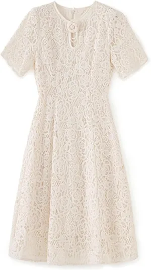 Women Embroidery Hollow Appliques Midi Dress Crew Neck Short Sleeves Office Lady A-Line Dresses