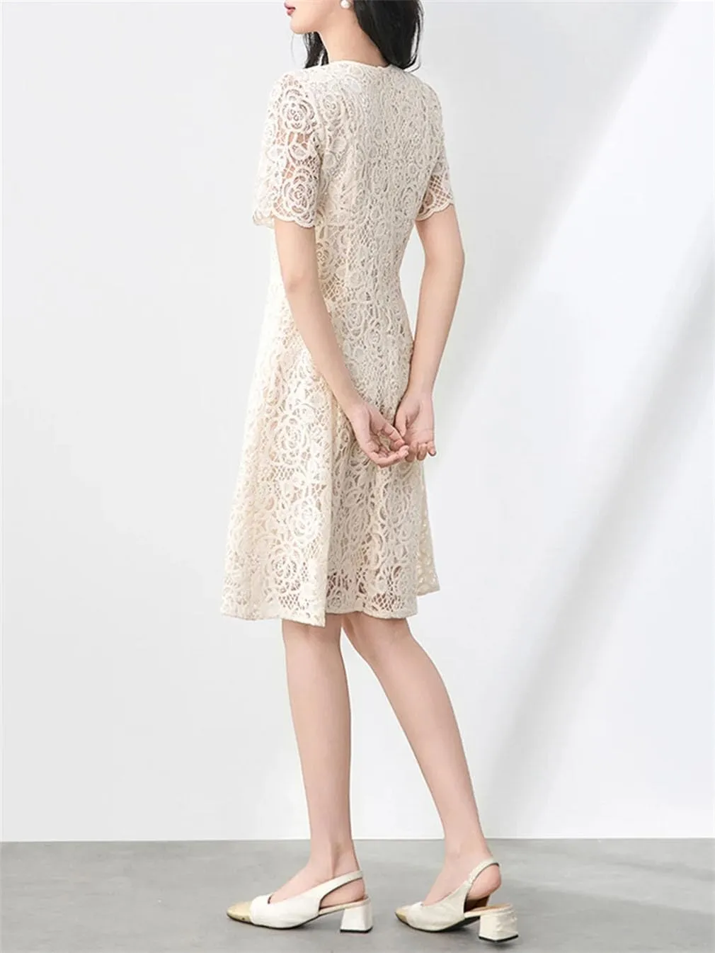 Women Embroidery Hollow Appliques Midi Dress Crew Neck Short Sleeves Office Lady A-Line Dresses