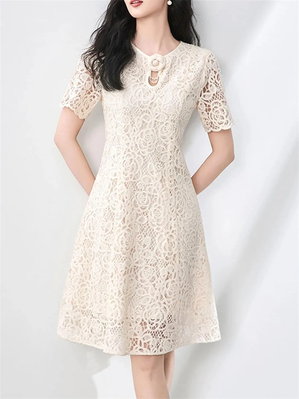 Women Embroidery Hollow Appliques Midi Dress Crew Neck Short Sleeves Office Lady A-Line Dresses