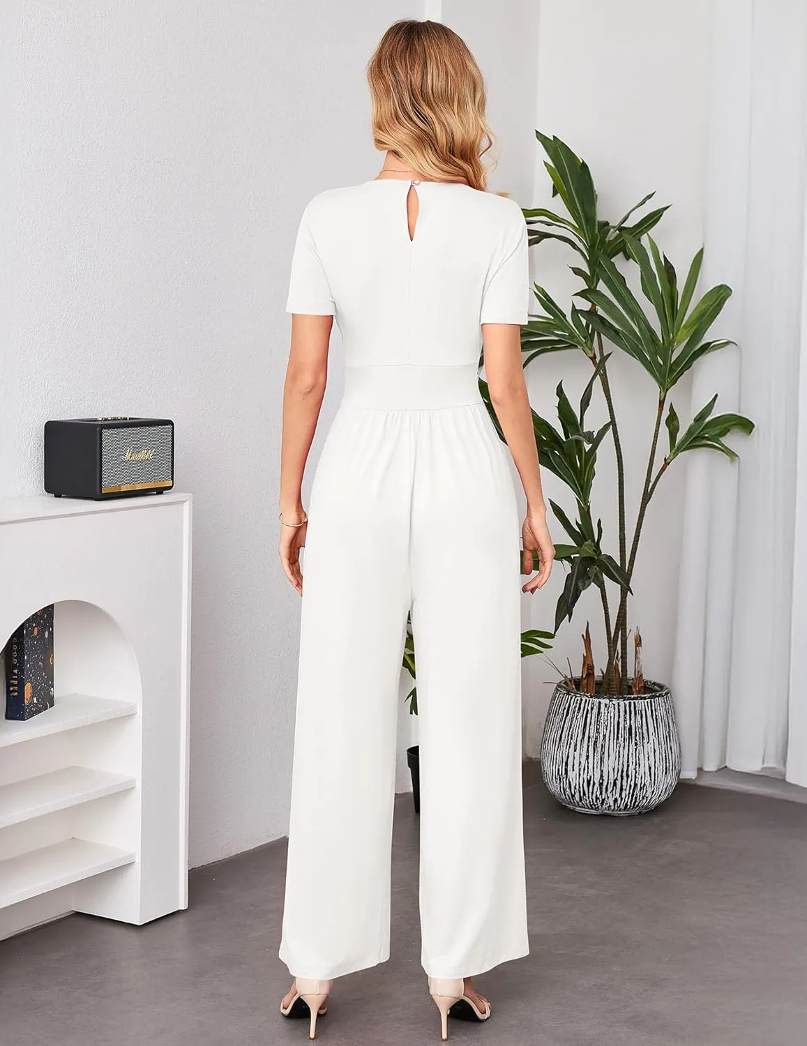 Women Jumpsuits Dressy Casual 2025 Summer Short Sleeve Wide Leg Pants High Waist Side Ruched Romper