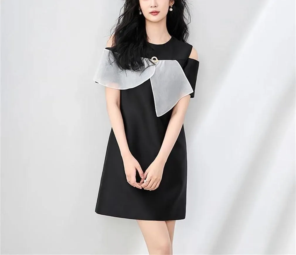 Women Mesh Patchwork Midi Dress Crew Neck Short Sleeve Office Lady A-Line Dresses