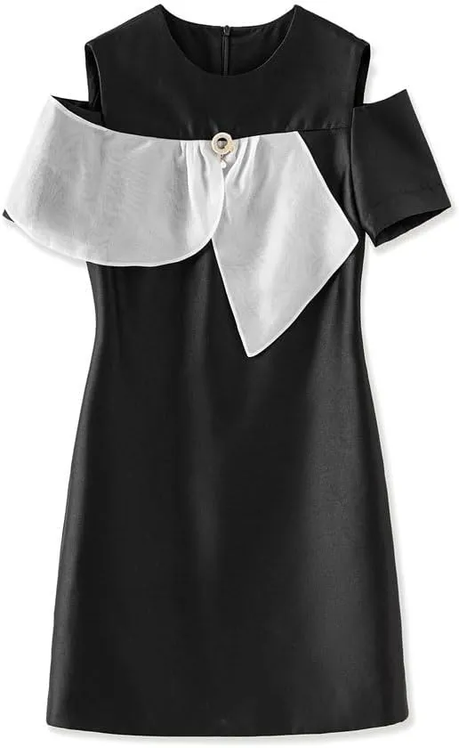 Women Mesh Patchwork Midi Dress Crew Neck Short Sleeve Office Lady A-Line Dresses