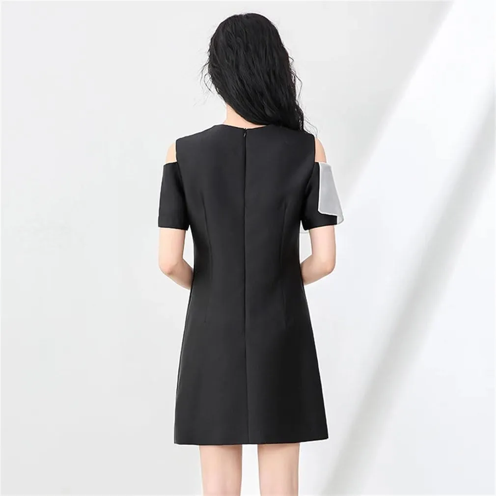 Women Mesh Patchwork Midi Dress Crew Neck Short Sleeve Office Lady A-Line Dresses