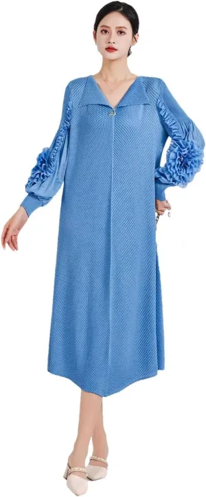 Women Pleated Long-Sleeved Solid Color V-Neck Fish Scale Pleated Cuff Disc Flower Thin Dress