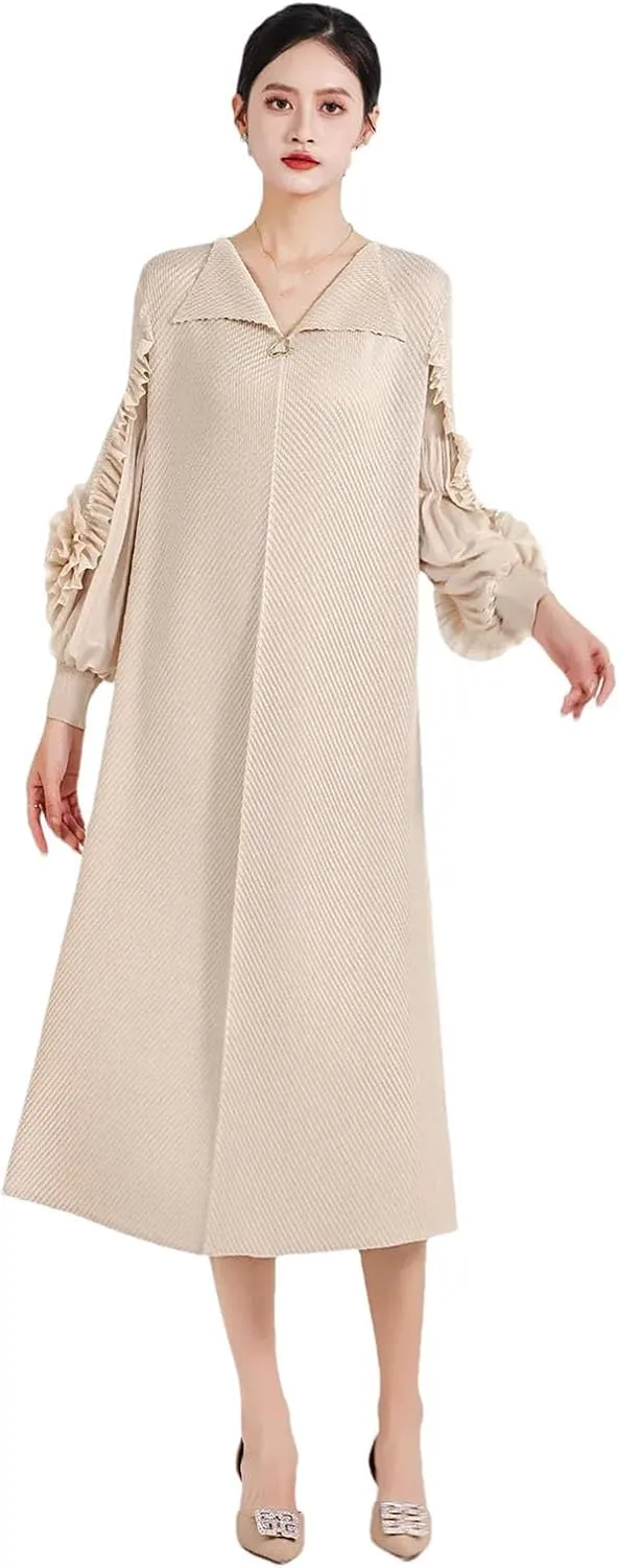 Women Pleated Long-Sleeved Solid Color V-Neck Fish Scale Pleated Cuff Disc Flower Thin Dress