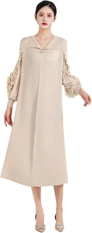 Women Pleated Long-Sleeved Solid Color V-Neck Fish Scale Pleated Cuff Disc Flower Thin Dress