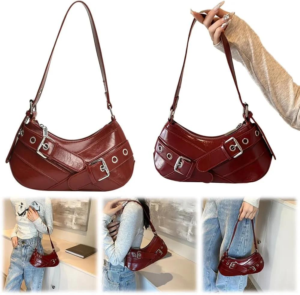 Women PU Leather Punk Shoulder Bag Y2K Crossbody Bag Vintage Clutch Purse Adjustable Strap Armpit Bag for Vacation T