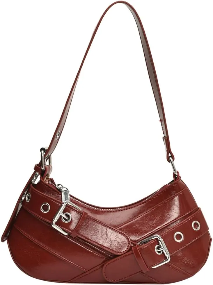 Women PU Leather Punk Shoulder Bag Y2K Crossbody Bag Vintage Clutch Purse Adjustable Strap Armpit Bag for Vacation T