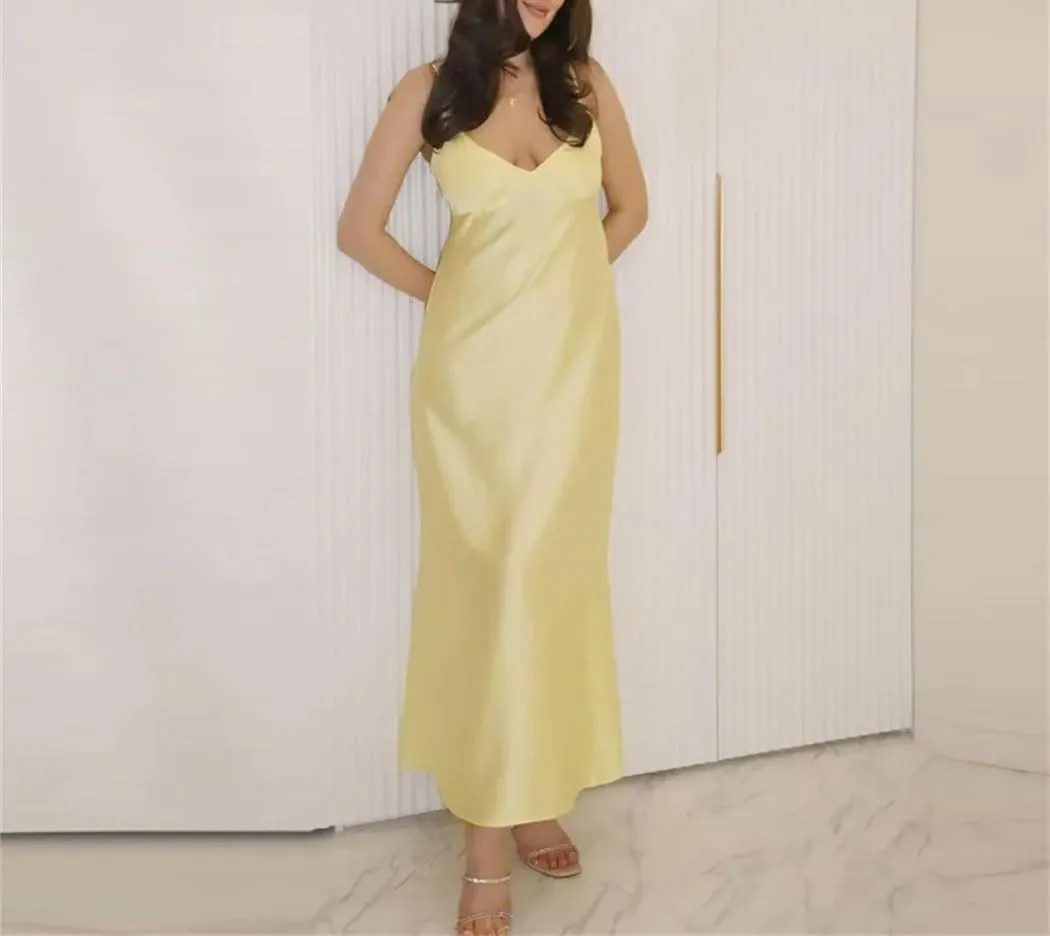 Women Satin V-Neck Party Dresses Summer Elegant Evening Sleeveless Backless Long Vestidos