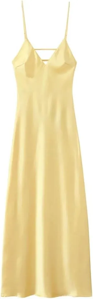 Women Satin V-Neck Party Dresses Summer Elegant Evening Sleeveless Backless Long Vestidos