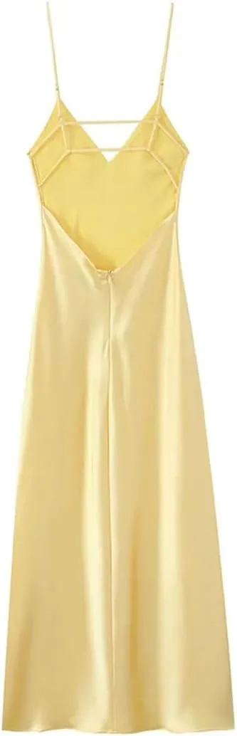 Women Satin V-Neck Party Dresses Summer Elegant Evening Sleeveless Backless Long Vestidos
