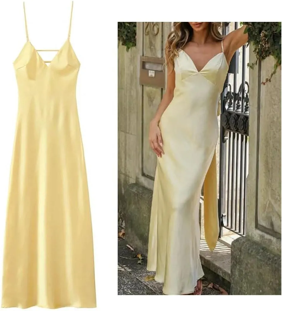 Women Satin V-Neck Party Dresses Summer Elegant Evening Sleeveless Backless Long Vestidos