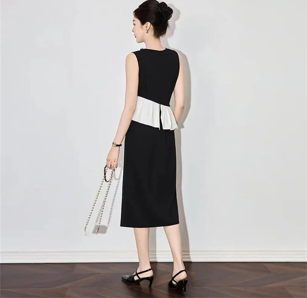 Women Sequin Patchwork Midi Dress Slim Sleeveless Crew Neck A-Line Dresses