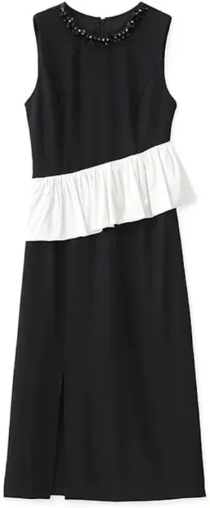Women Sequin Patchwork Midi Dress Slim Sleeveless Crew Neck A-Line Dresses