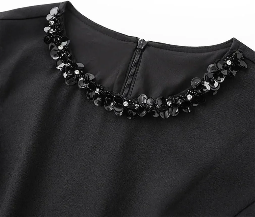 Women Sequin Patchwork Midi Dress Slim Sleeveless Crew Neck A-Line Dresses