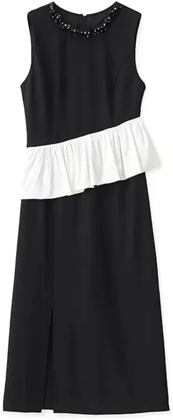Women Sequin Patchwork Midi Dress Slim Sleeveless Crew Neck A-Line Dresses