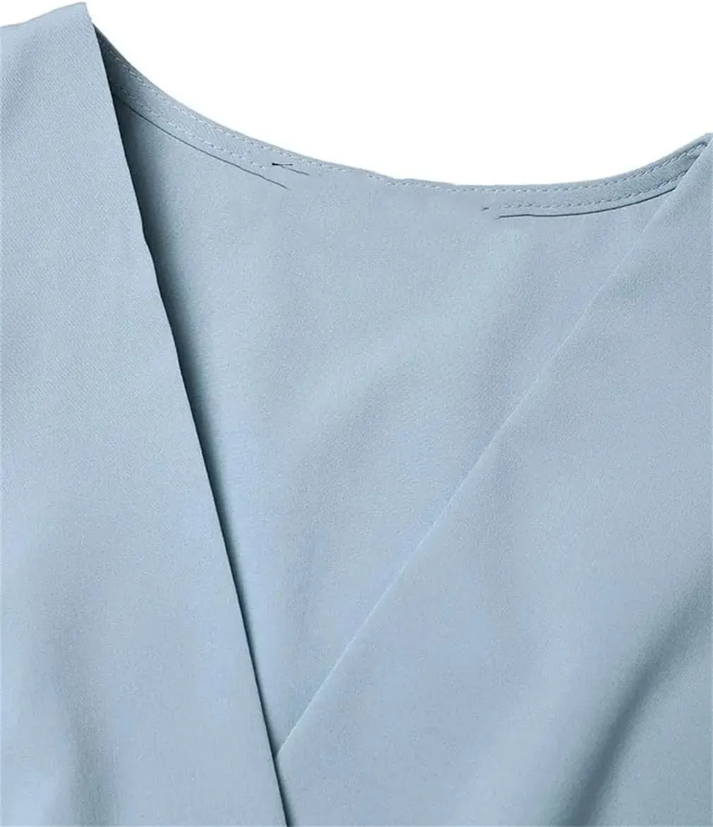 Women Short Sleeve A-Line Dresses Solid Holiday Vestidos Casual V Neck Midi Sundress