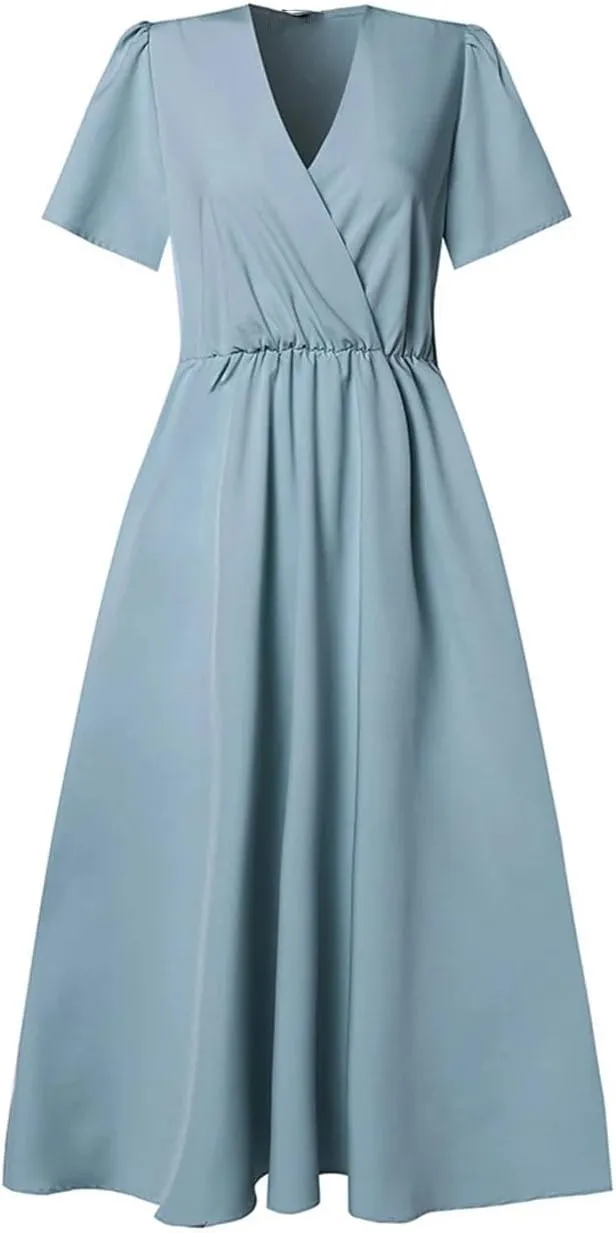Women Short Sleeve A-Line Dresses Solid Holiday Vestidos Casual V Neck Midi Sundress