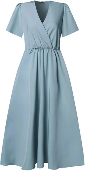 Women Short Sleeve A-Line Dresses Solid Holiday Vestidos Casual V Neck Midi Sundress