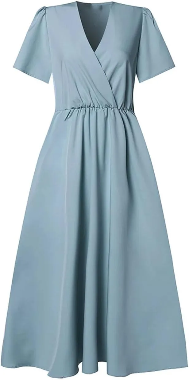 Women Short Sleeve A-Line Dresses Solid Holiday Vestidos Casual V Neck Midi Sundress