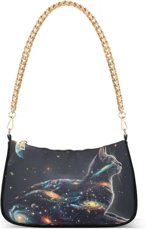 Women Shoulder Bag Outline Of Cat Filled with Space Stars Galaxies and Planets Lightweight Clutch Handbags Casual Tote Handbags