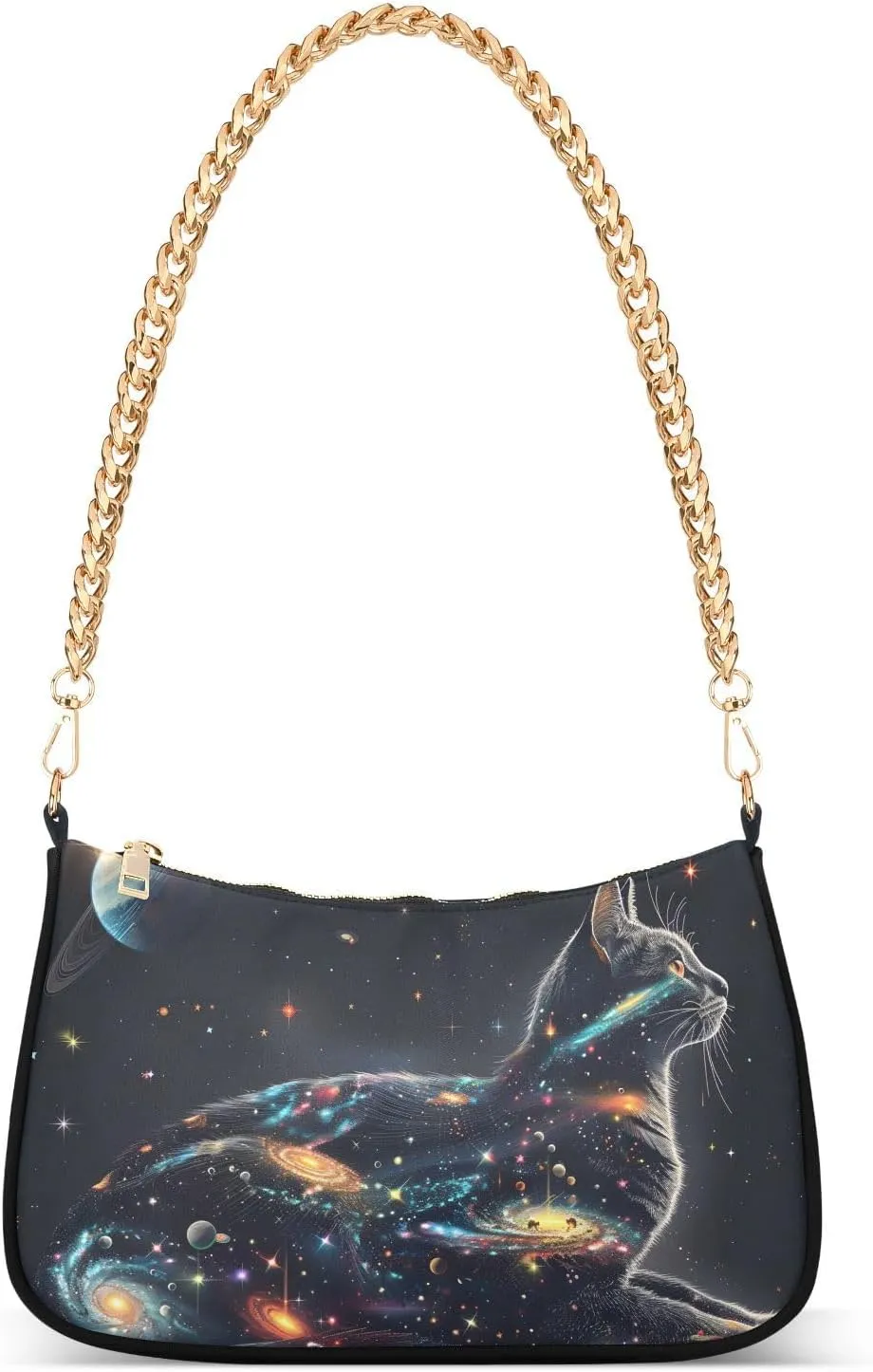 Women Shoulder Bag Outline Of Cat Filled with Space Stars Galaxies and Planets Lightweight Clutch Handbags Casual Tote Handbags