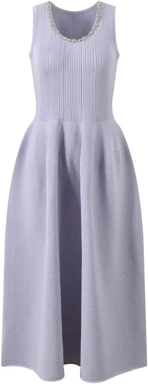 Women Slim Beaded A-Line Dress Crew Neck Sleeveless High Waist Office Lady Knit Dresses