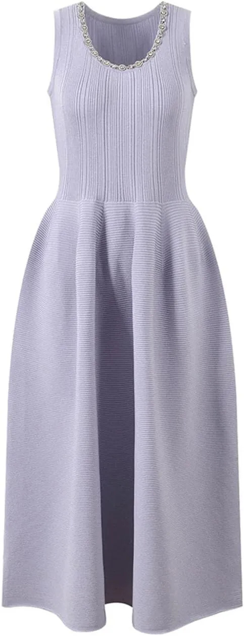 Women Slim Beaded A-Line Dress Crew Neck Sleeveless High Waist Office Lady Knit Dresses