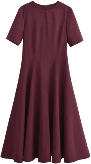 Women Slim Casual A-Line Midi Dress Solid Crew Neck Short Sleeve Dresses