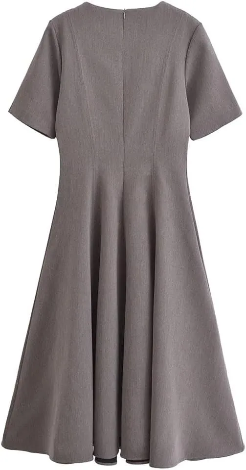 Women Slim Casual A-Line Midi Dress Solid Crew Neck Short Sleeve Dresses