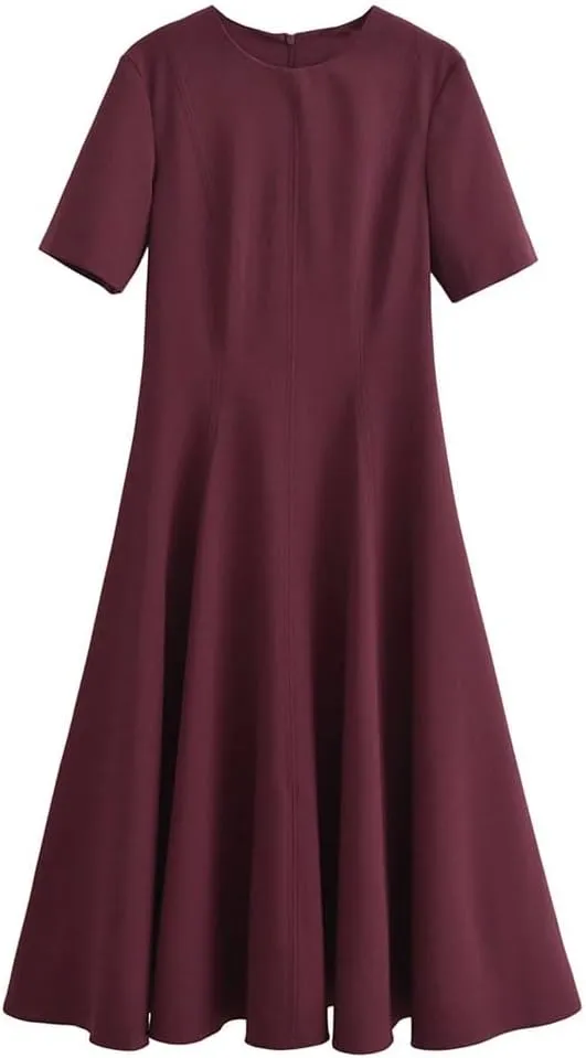 Women Slim Casual A-Line Midi Dress Solid Crew Neck Short Sleeve Dresses