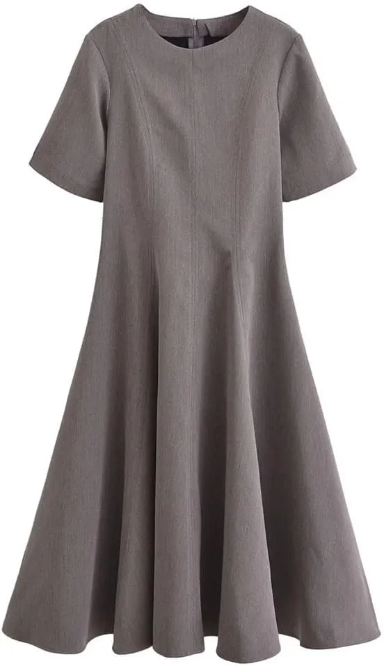 Women Slim Casual A-Line Midi Dress Solid Crew Neck Short Sleeve Dresses
