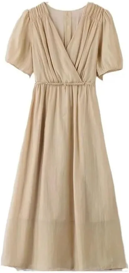 Women Slim V-Neck Solid Dress Short Sleeve A- Line Casual Dresses