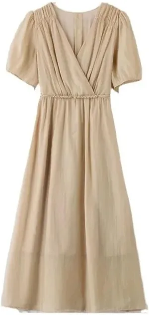 Women Slim V-Neck Solid Dress Short Sleeve A- Line Casual Dresses