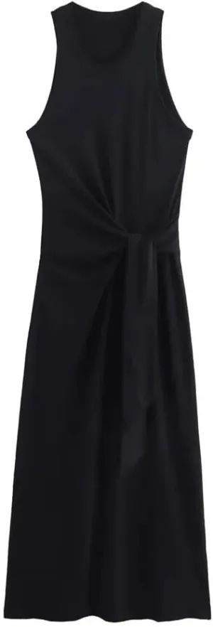 Women Slim Vintage Dress Solid Crew Neck Sleeveless Bow Straight Tank Dresses