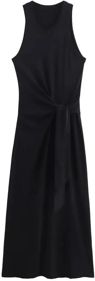 Women Slim Vintage Dress Solid Crew Neck Sleeveless Bow Straight Tank Dresses