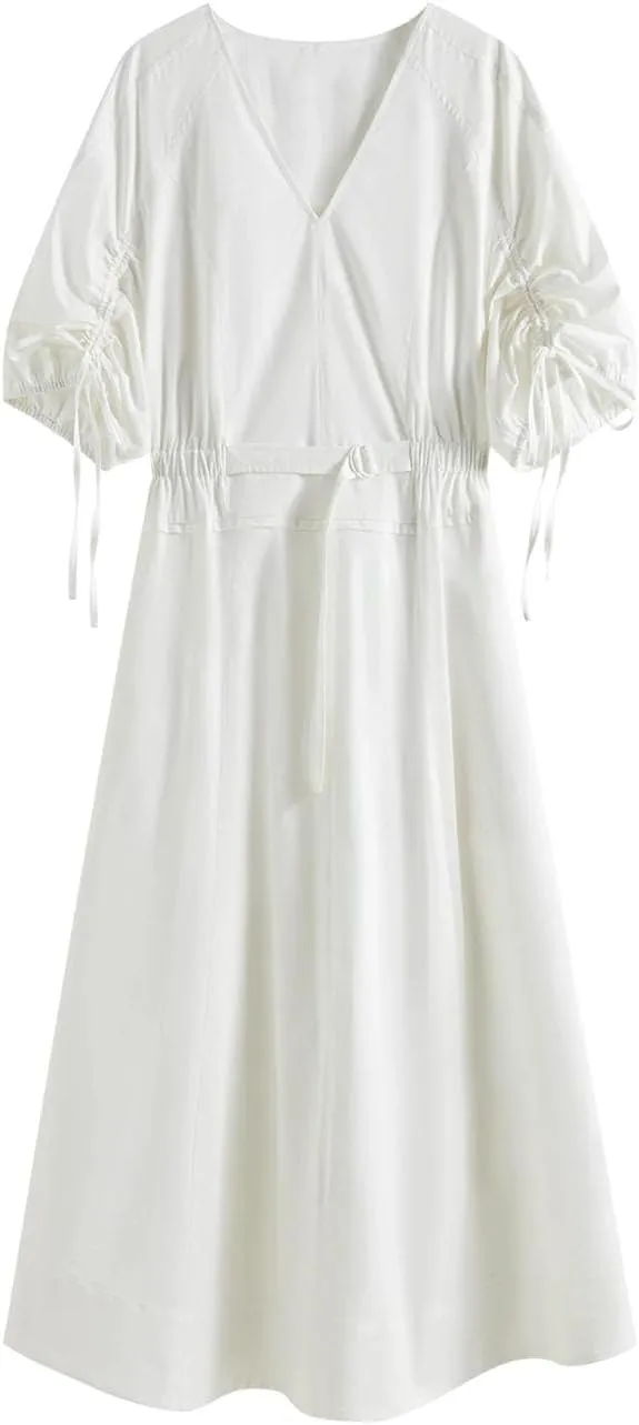 Women Slim Vintage Midi Dress V-Neck Lantern Sleeve A-Line Office Lady Dresses