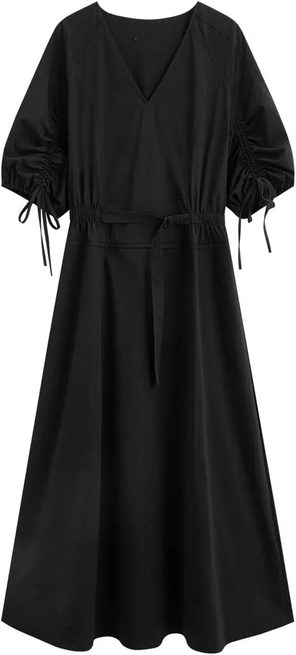 Women Slim Vintage Midi Dress V-Neck Lantern Sleeve A-Line Office Lady Dresses