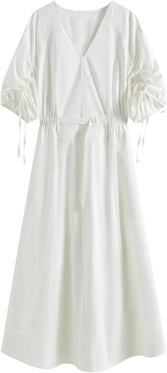 Women Slim Vintage Midi Dress V-Neck Lantern Sleeve A-Line Office Lady Dresses