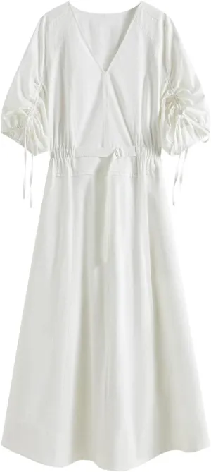 Women Slim Vintage Midi Dress V-Neck Lantern Sleeve A-Line Office Lady Dresses