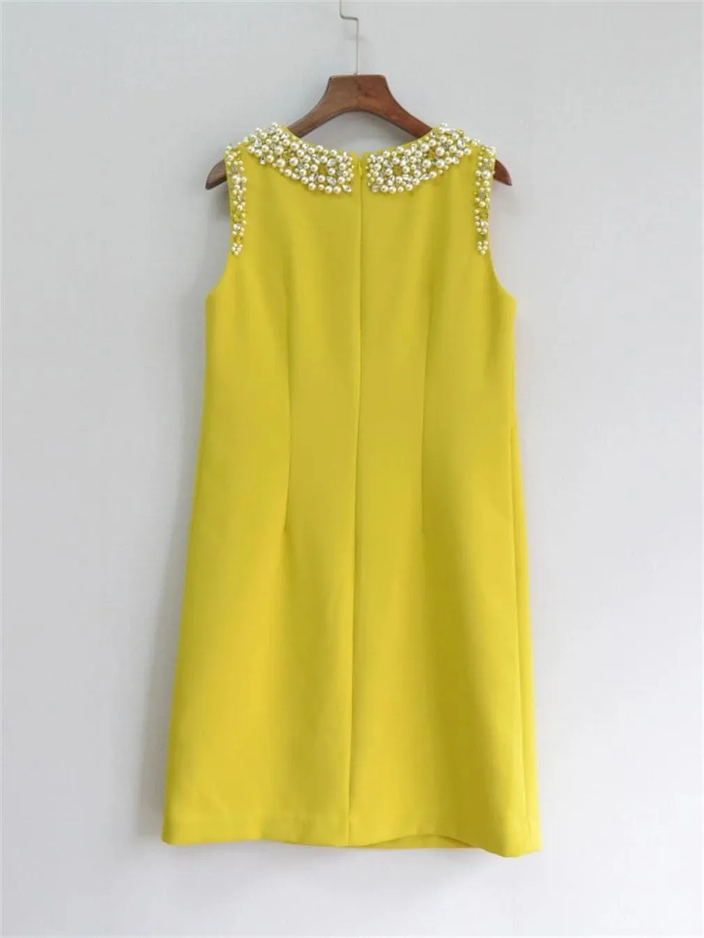 Women Solid Beads Sleeveless Mini Dress Solid Slim Crew Neck Zipper Sleeveless Office Lady Dresses
