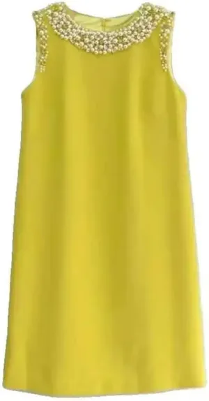 Women Solid Beads Sleeveless Mini Dress Solid Slim Crew Neck Zipper Sleeveless Office Lady Dresses