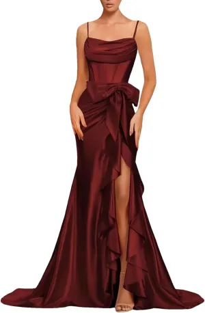 Women Spaghetti Straps Satin Prom Dresses Mermaid Evening Gown Split Off Shoulder Cocktail with Bow Guest Dress
