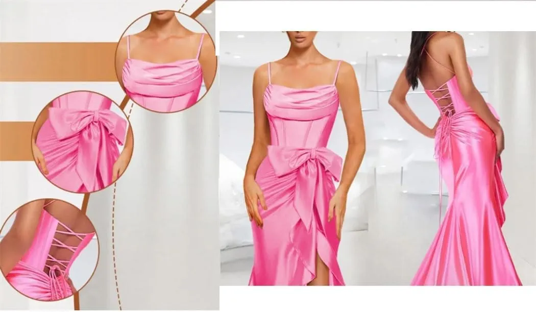 Women Spaghetti Straps Satin Prom Dresses Mermaid Evening Gown Split Off Shoulder Cocktail with Bow Guest Dress