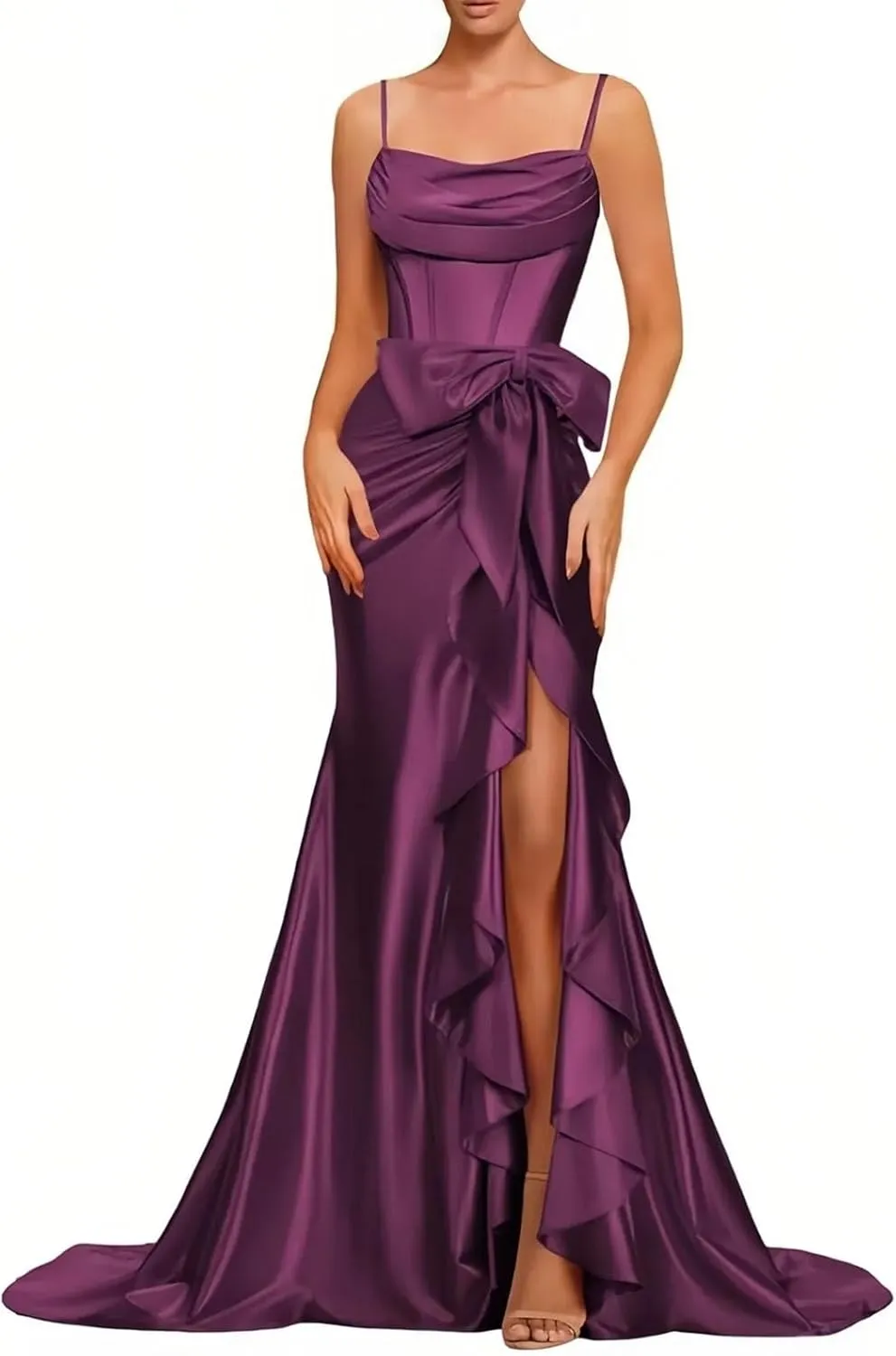 Women Spaghetti Straps Satin Prom Dresses Mermaid Evening Gown Split Off Shoulder Cocktail with Bow Guest Dress