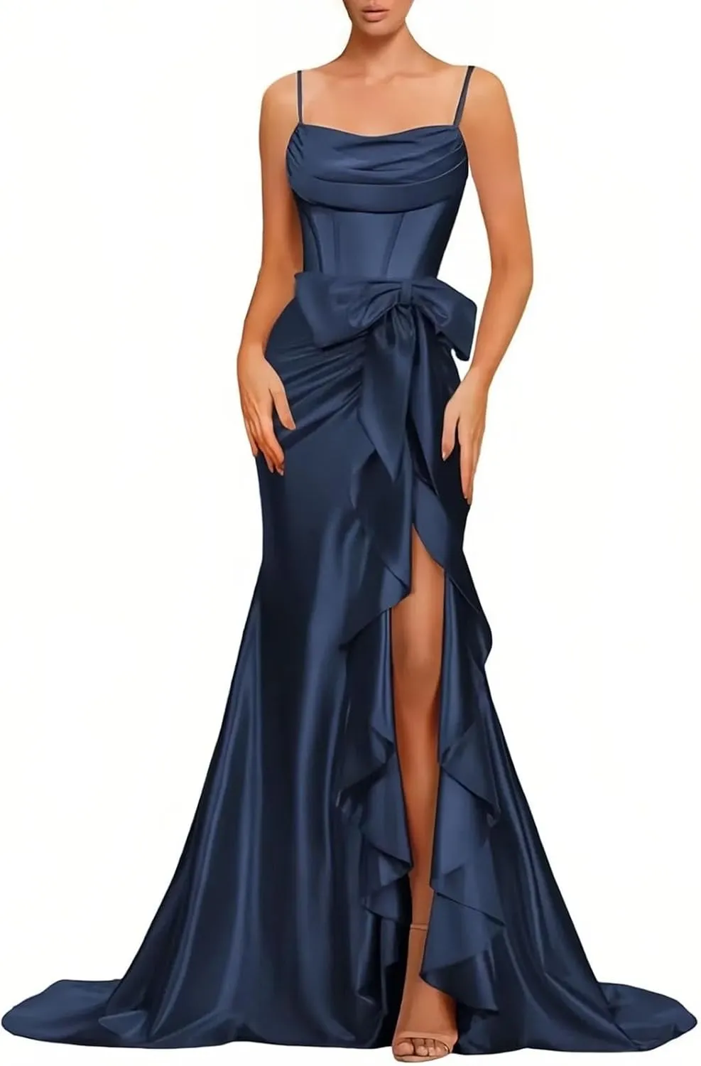 Women Spaghetti Straps Satin Prom Dresses Mermaid Evening Gown Split Off Shoulder Cocktail with Bow Guest Dress