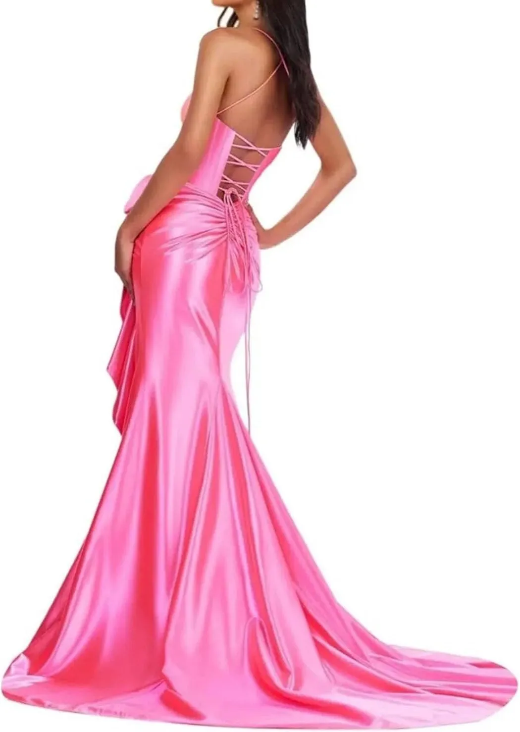 Women Spaghetti Straps Satin Prom Dresses Mermaid Evening Gown Split Off Shoulder Cocktail with Bow Guest Dress