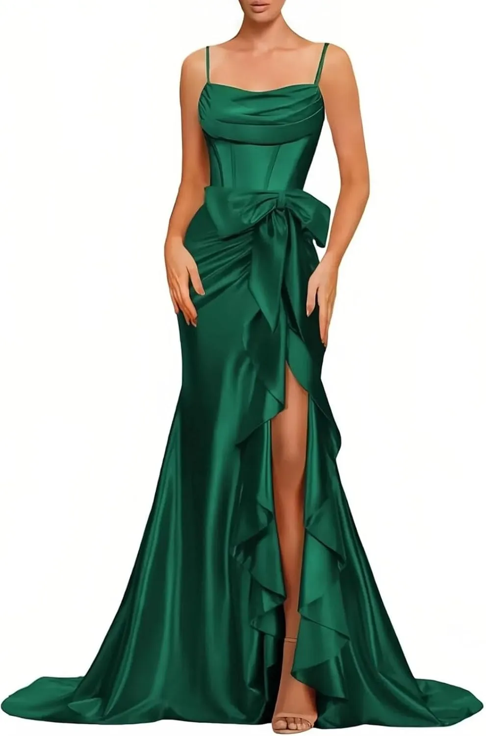 Women Spaghetti Straps Satin Prom Dresses Mermaid Evening Gown Split Off Shoulder Cocktail with Bow Guest Dress