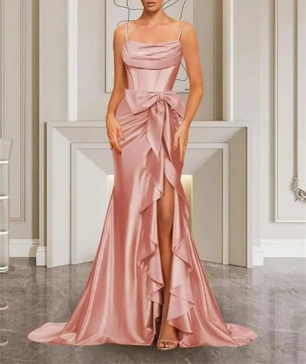 Women Spaghetti Straps Satin Prom Dresses Mermaid Evening Gown Split Off Shoulder Cocktail with Bow Guest Dress
