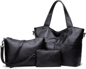 Women Tote Bag Soft Leather Fashion Shoulder Crossbody Handbag 3 Pcs